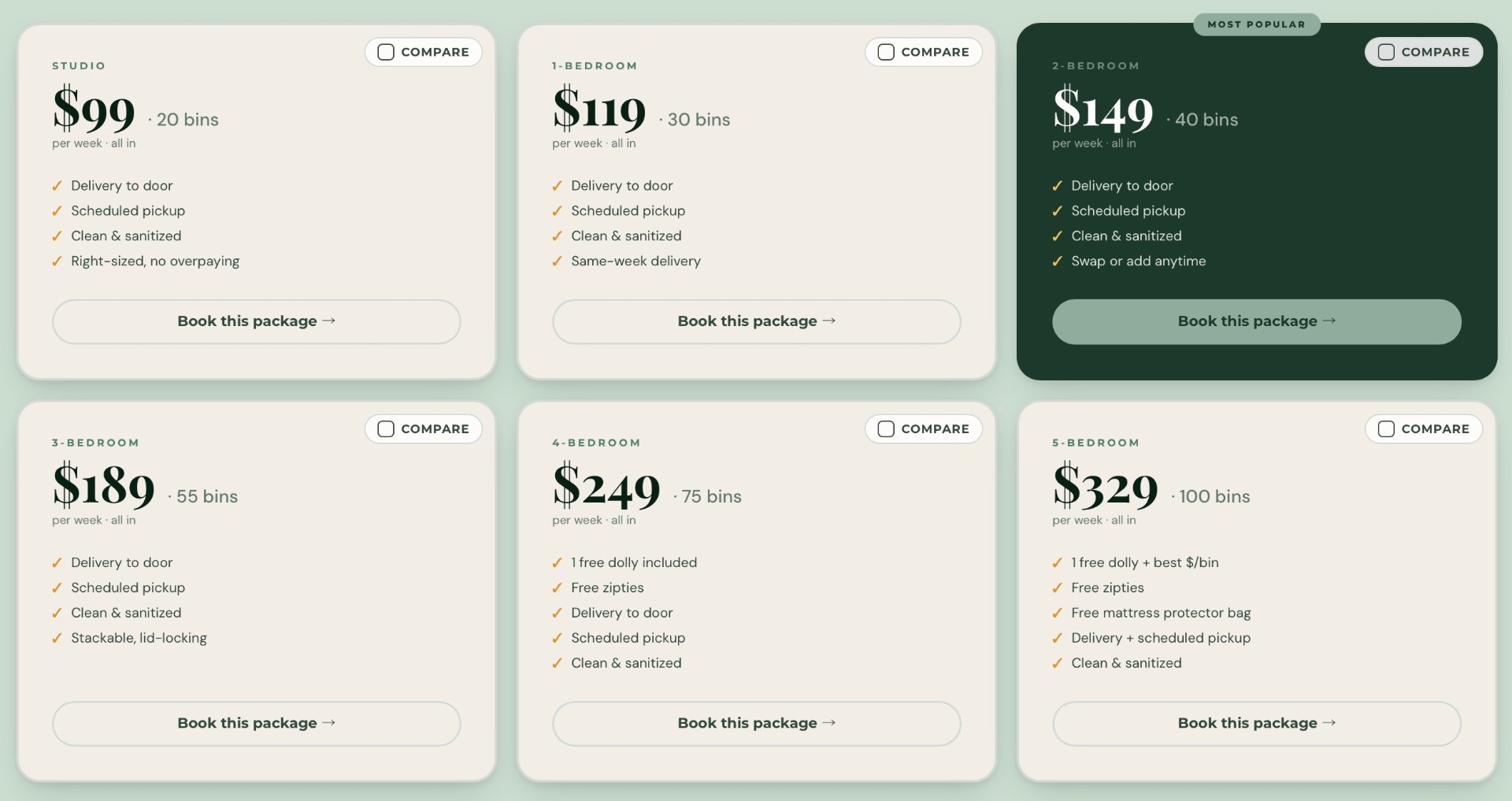 A Better Bin Co. package options from Studio to 5-bedroom
